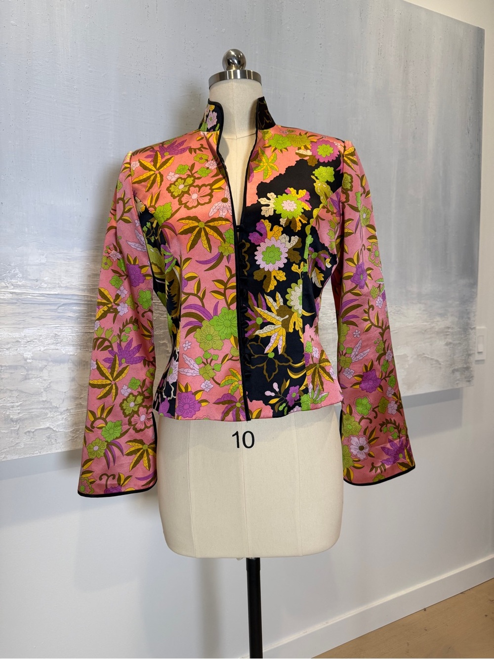 JS Collections Pink & Black Silk Floral Printed Jacket